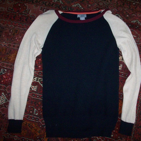 Colorblock Sweater Cotton/Wool Blend Lightweight Maroon/Blue r/n 93677 jcp - Picture 2 of 6